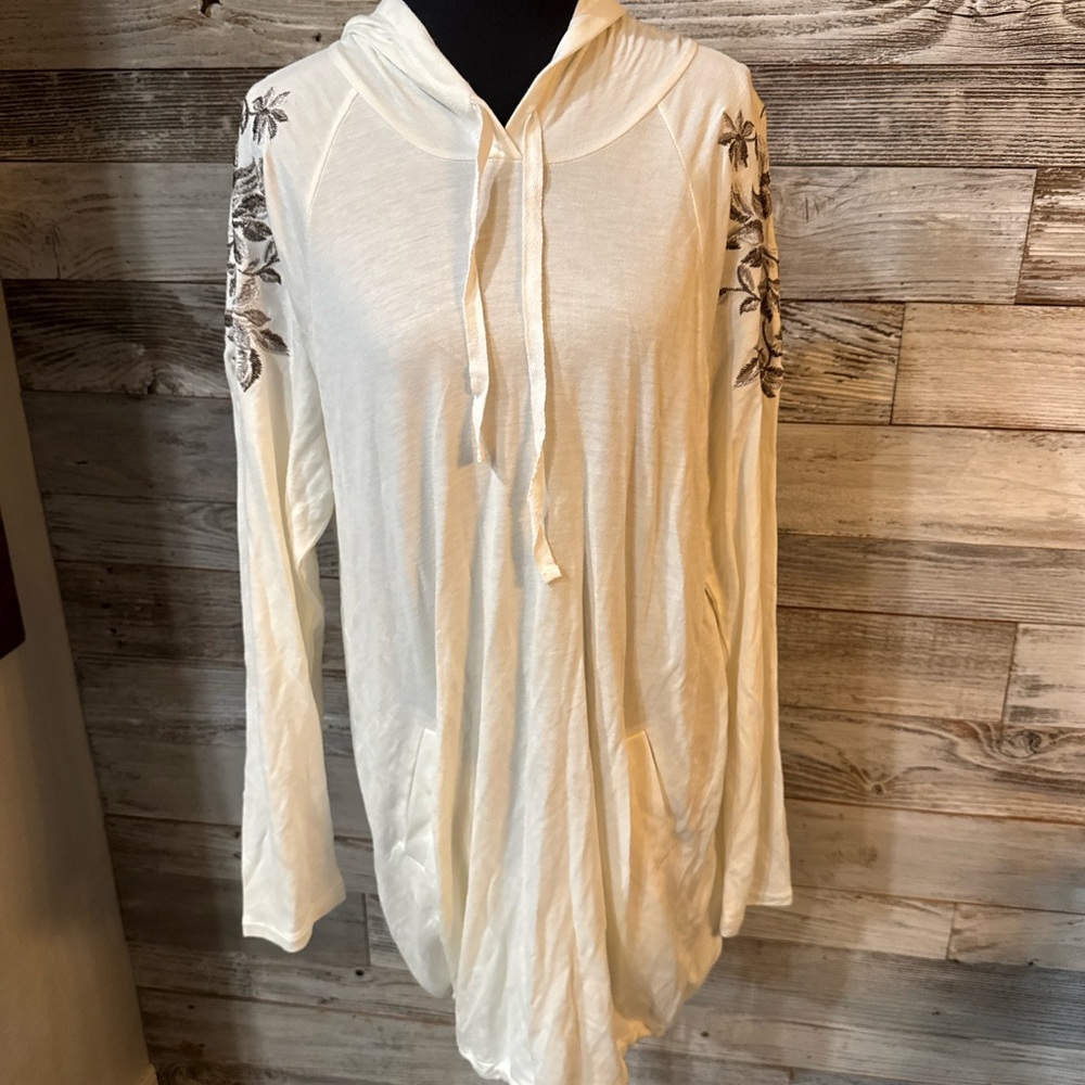 Indigo Cream Hoodie Dress with Floral Sleeve Details